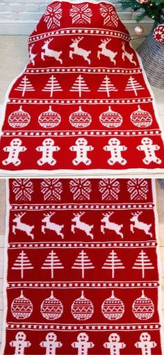 two red and white knitted rugs with christmas decorations on them