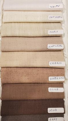 different shades of fabric with names on them in various colors and sizes, including brown, beige