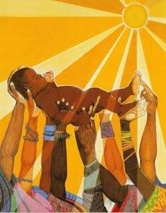 an image of a group of people holding each other in the air with sun shining behind them