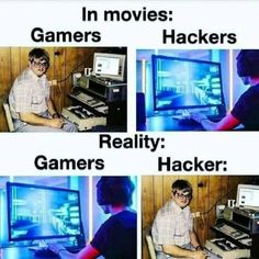 there are four pictures showing the same person playing video games in movies and on computers