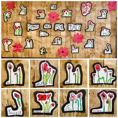 several pictures of flowers on a wooden wall with stickers attached to the back of them