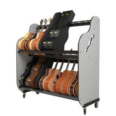 the guitar rack is holding several guitars and has four shelves on each side that hold them