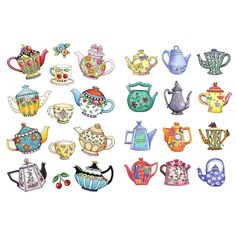 an assortment of teapots and kettles are shown in this drawing or illustration