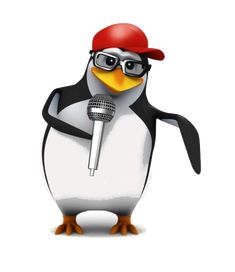 a penguin with glasses and a red hat holding a microphone