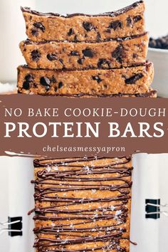 no bake cookie dough protein bars stacked on top of each other