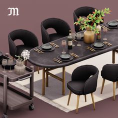 a dining table set with black chairs and plates on it, next to a vase filled with flowers