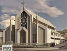 an artist's rendering of the exterior of a church