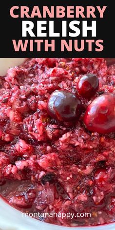 cranberry relish with nuts in a white bowl on top of a table