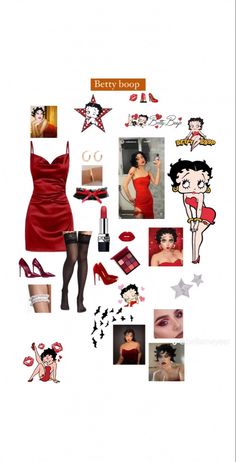 a woman in red dress surrounded by pictures and accessories on white background with text that reads betty boop