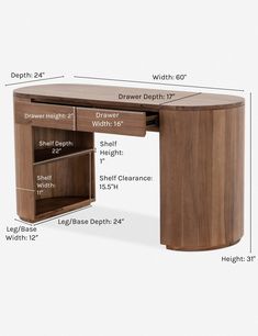 an image of a wooden desk with measurements for the top and bottom drawers on it