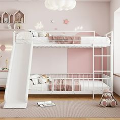 a white bunk bed with a slide next to it in a pink and white room