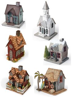 four different types of miniature houses with palm trees