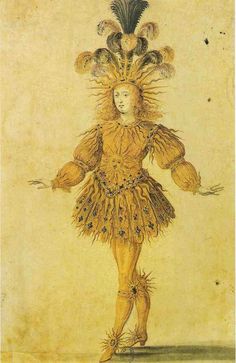 an image of a woman in costume with feathers on her head and arms, standing