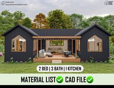 the two bed 3 bath kitchen is located in front of a black cabin style house