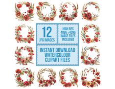 12 instant watercolor clipart files for wreaths, flowers and leaves with the number twelve