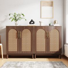 a sideboard with rattan doors and handles in a white living room, next to a plant