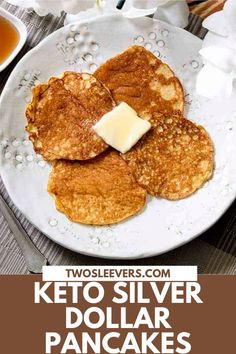 keto silver dollar pancakes on a plate with butter and syrup