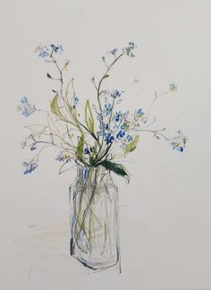 a drawing of blue flowers in a glass vase