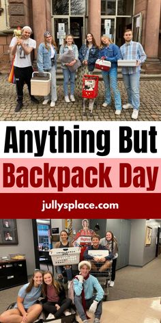 Anything but backpack day Anything But Backpack Day, Spirit Day Themes, High School Spirit Week, Spirit Week School, Anything But A Backpack Day, Spirit Week Ideas, Senior Year Planning, Spirit Week Themes