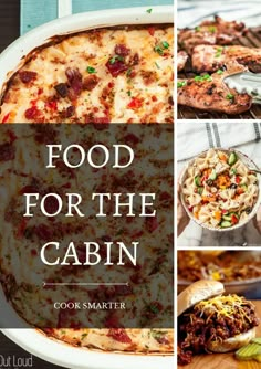 food for the cabin cookbook cover with pictures of various foods and dishes in it