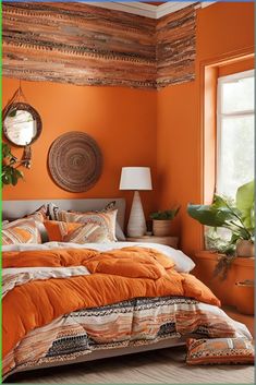 an orange bedroom with white bedding and pillows