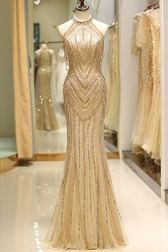 Mermaid High Neck Gold Beaded Long Formal Evening Dress Gold Gala Dress, Prom Dresses Gold, Gold Dresses Long, Evening Dress Outfit, Gold Glitter Dress, Gold Formal Dress, Mermaid High, Gold Evening Dresses, Gold Prom