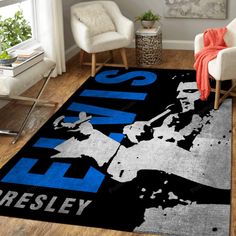 a living room area rug with a basketball player on it