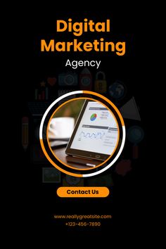 an orange and black business card with the words digital marketing agency in front of it