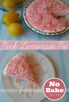 a pink lemonade pie on a plate next to some lemons and a glass bowl