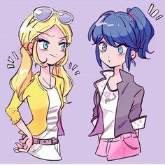 two cartoon girls standing next to each other with their hands on their hipss and looking at the camera