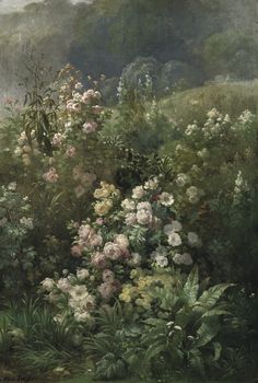 a painting of flowers in a field with mountains in the background