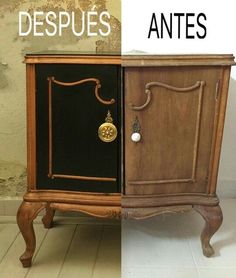 an old cabinet has been repurposed to look like it is painted black and gold