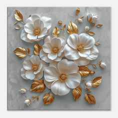 white and gold flowers on a gray background