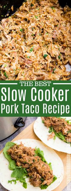 slow cooker pork tacos with lettuce on the side and another image in the background