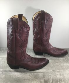 "Up on ETSY for buy it now is a pair of good condition, Vintage Dan Post 2132J Milwaukee Mens Brown Leather Cowboy Western Rancher Boots. Made in Mexico! Size 9.5 D, medium. Leather uppers. Leather soles with rubber heels. From smoke-free home. Clean inside and out. Approximate Outside Dimensions: 12.25 inches heel to toe by 4 inches across the ball of footwear by 2 inches tall heels by 14 inches tall. Sold as is gently used.  Please check out the pictures. If you need more pictures or information regarding the item, please send them to me. Please keep in mind that all of my items are vintage, gently used, unless otherwise indicated in the listing. Like what see out of my listings, check us out and \"Like\" us on Facebook under \"Tyjahn\" for pics of our NEWEST picks. Thanks for supporting Tall Heels, Dan Post, Mens Cowboy, Cowboy Western, Mens Shoes Boots, Western Cowboy Boots, Rubber Heels, Western Cowboy, Western Boots