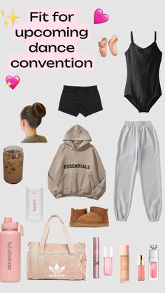 the contents of a woman's outfit and accessories for her upcoming dance move, including an adidas hoodie