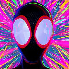 a close up of a person wearing a spider man mask with bright lights in the background