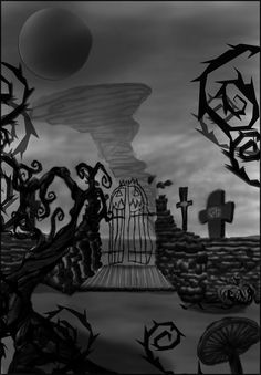 a black and white drawing of a graveyard