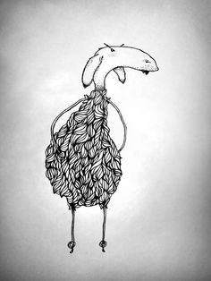 a black and white drawing of a bird with feathers on it's back