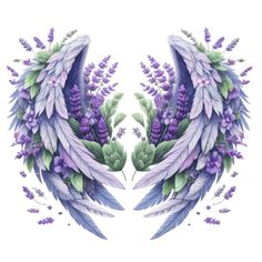 two purple wings with green leaves and lavender flowers on the side, painted in watercolor