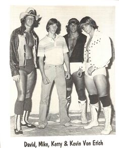 an old black and white photo of four men in cowboy hats standing next to each other