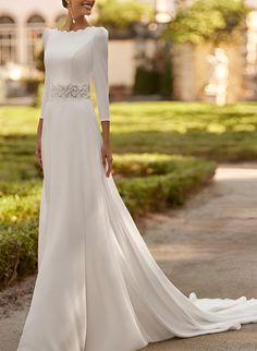 Elastic Satin Wedding Dresses Chic A-line 3 4 Sleeves Court Train-Dbrbridal Wedding Dress With Overlay, Dress With Overlay, Homecoming Dresses Corset, Modest Wedding Dresses With Sleeves, Floral Lace Wedding Dress, Dress To Buy, Wedding Dress Guide, Tulle Evening Dress, Womens Wedding Dresses