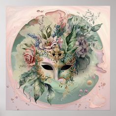 a painting of a mask with flowers and leaves on the face in pastel colors