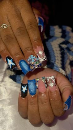 Rod Wave Concert Nail Ideas, Bling Short Acrylic Nails, Rod Wave Nails, Short Junk Nail Designs, 4th Of July Nail Ideas, Concert Nails, Junk Nails, Retro Nails, Weak Nails