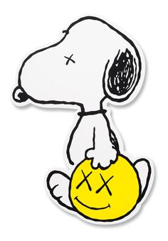 a sticker with a cartoon character holding a ball in it's paws and looking down