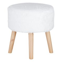 a white stool with wooden legs and a fur covered seat cover on top of it