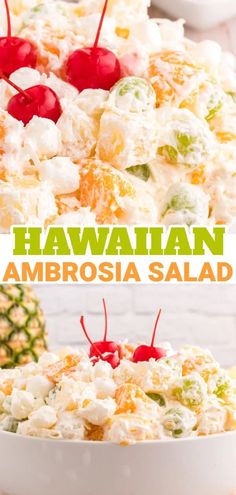 hawaiian ambrosia salad with pineapples and cherries on top