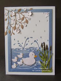 an image of a card with ducks in the water and flowers on it's side