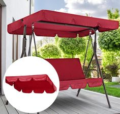 a red swing chair with an open canopy