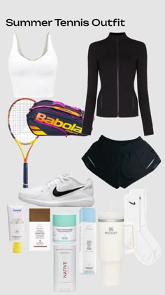 a woman's outfit with tennis gear and accessories